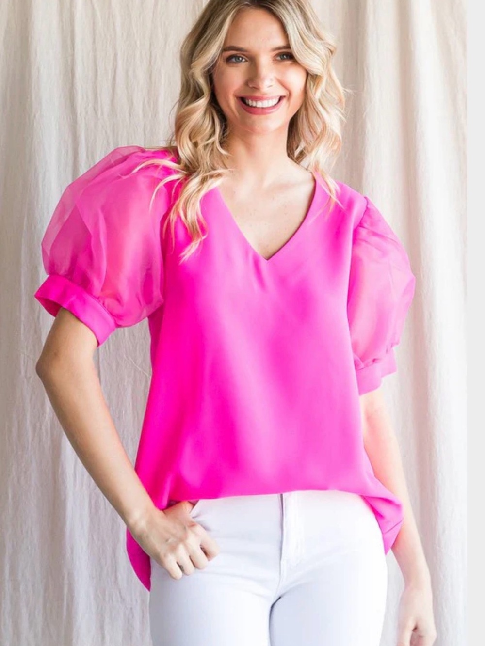 Carol Christian V-Neck Puff Sleeve Top in Hot Pink